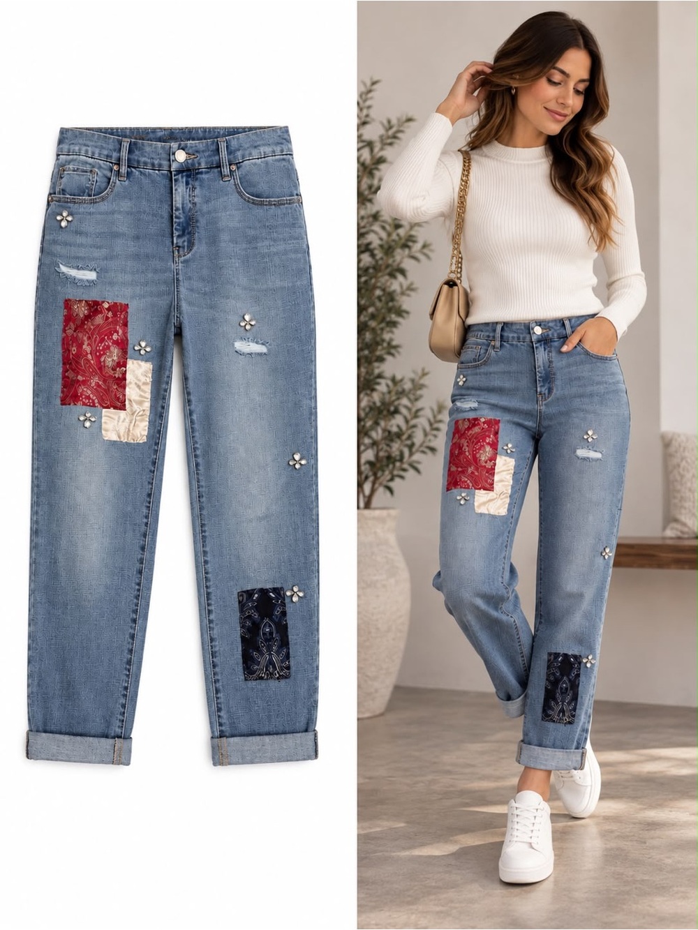 Chico's Light Blue Girlfriend Jeans with Red, Cream & Navy Patchwork Size 0.5R